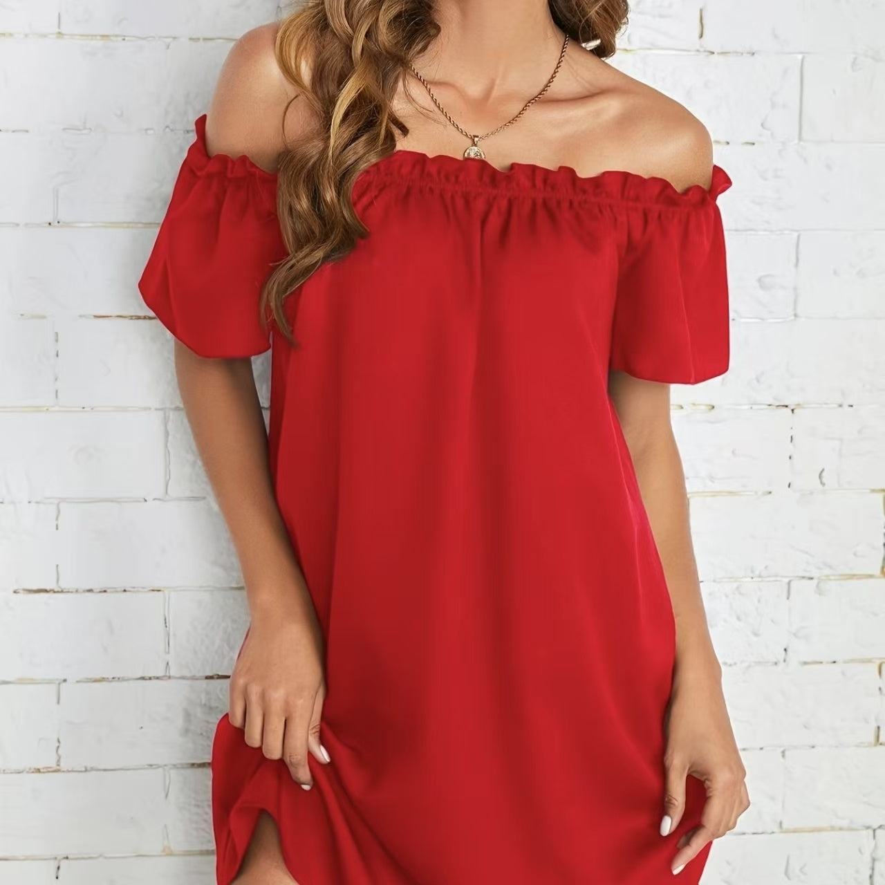 Ladies' Fashion Off Shoulder Ruffle Solid Color Decorative One Shoulder Casual Dress