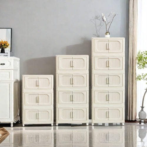 Cream White,19.69 Side Wide Folding Storage Cabinet ,4 Tiers,19.69x11.81x40.55,Collapsible Storage Bins With Magnetic Door, Plastic Storage Cabinet With Wheels