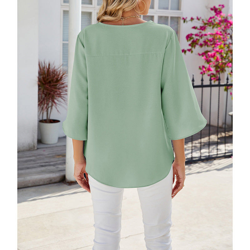 Women's Chiffon Blouses 3 4 Sleeve Summer Dressy Tunic Tops Casual Loose V Neck T-Shirts