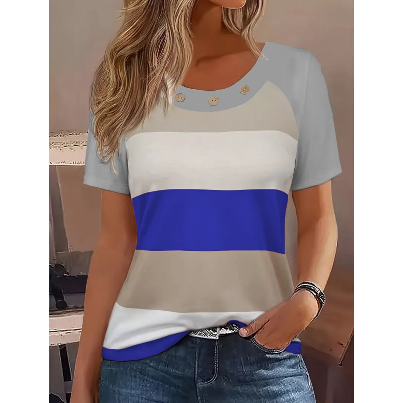 Women's T Shirts Color Block Short Sleeve Tops Casual Summer Tees