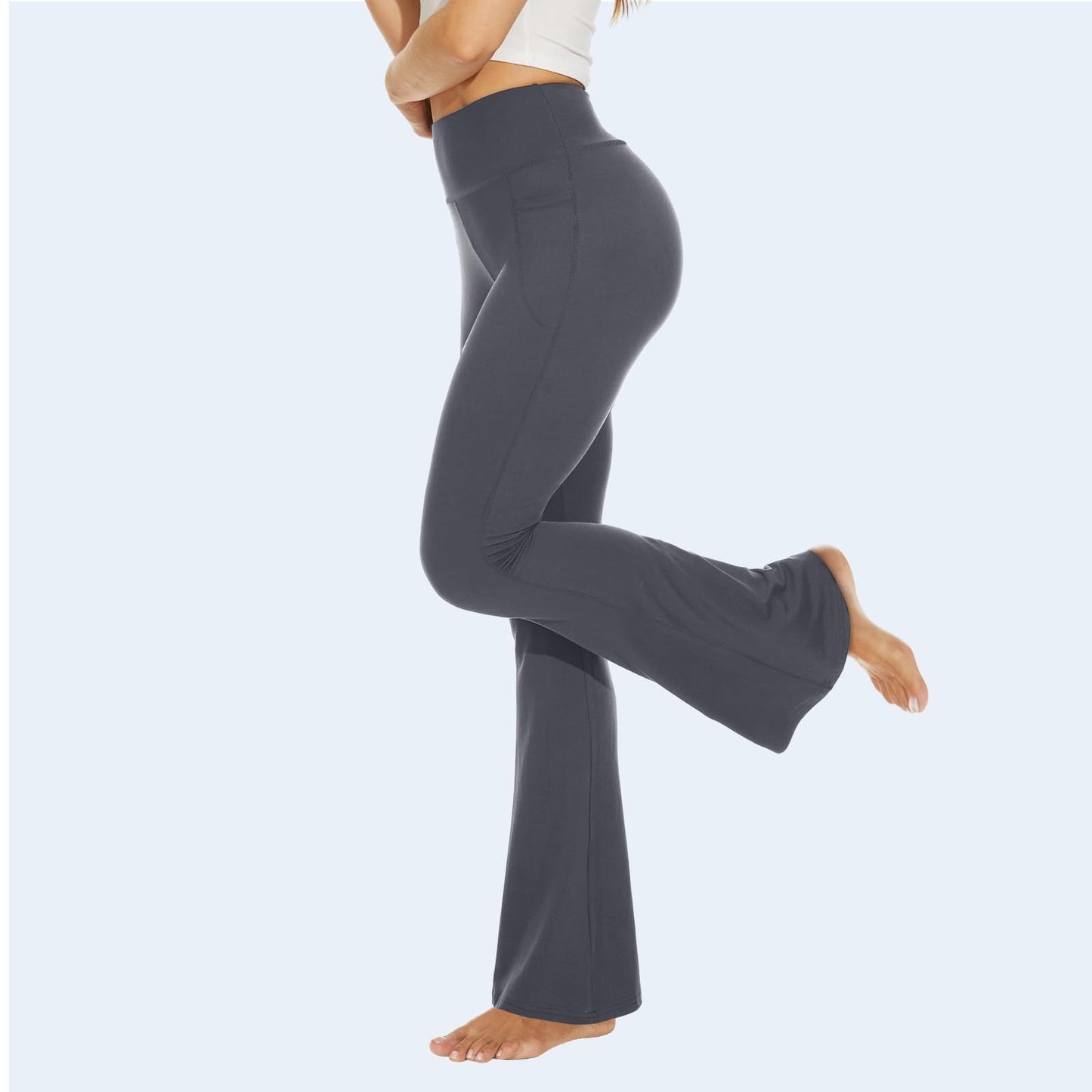 Flared Pants - Cropped Crossover Waist Pockets In Solid Dark Gray