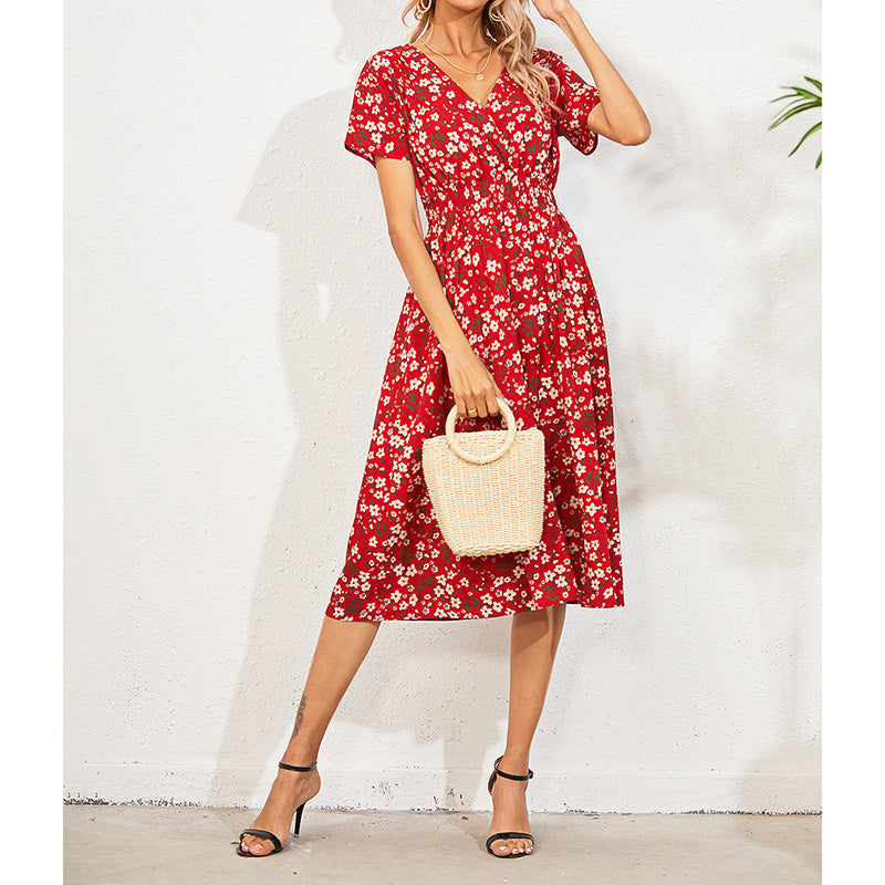 Womens Summer Dresses Boho V Neck Floral Print Short Sleeve Mini Dress Cute Smocked Waist Short Dress