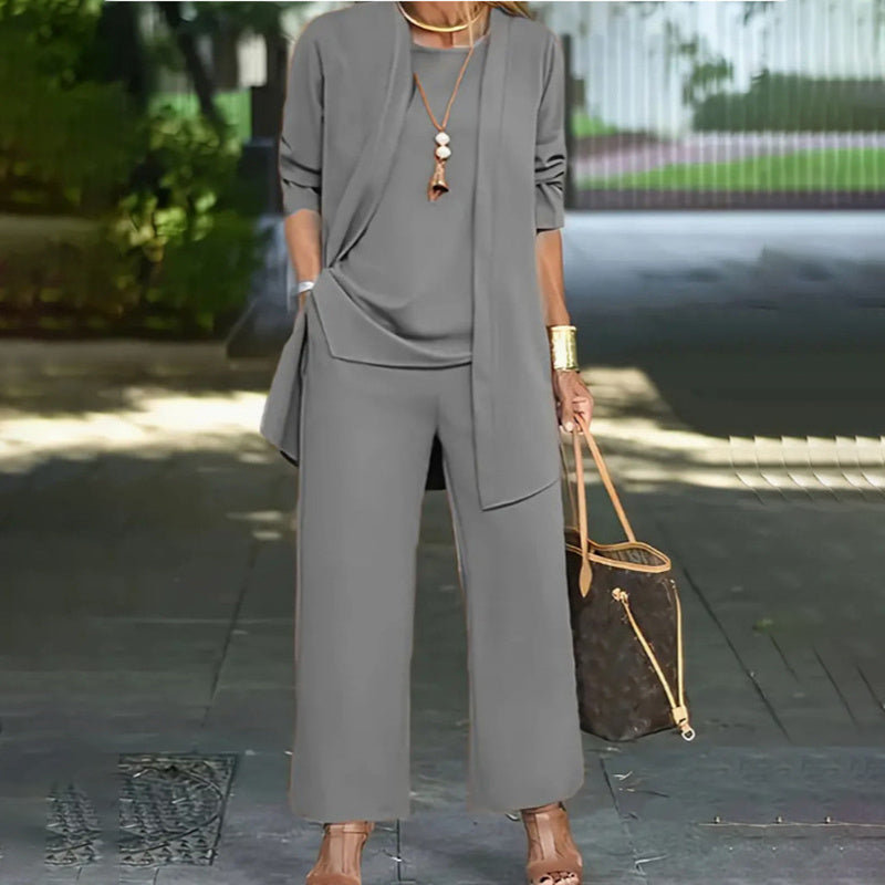 Women's Plus Size Casual 3-Piece Set Open Front Cardigan Sleeveless Vest Pants Solid Color Lounge Set