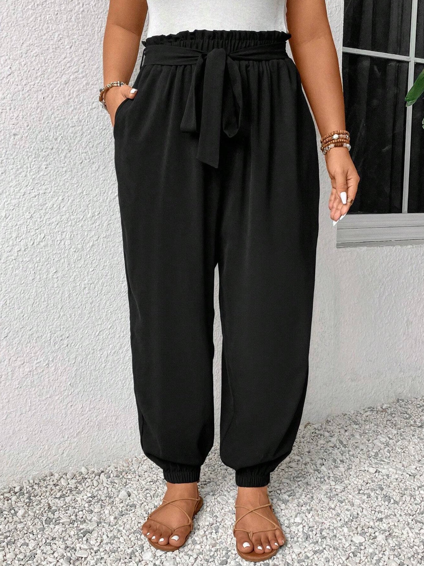 Women's Plus Size Cuffed Pants - Summer Casual Elastic Waist Long Trousers With Pockets And Belt