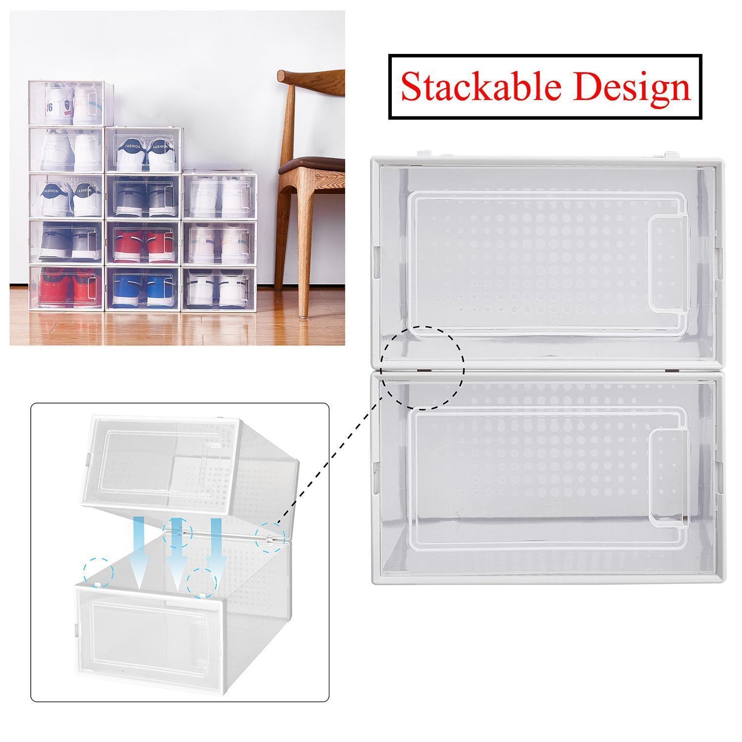 8-pack Clear And White Stackable Plastic Shoe Storage Boxes For Wardrobes, Sneakers