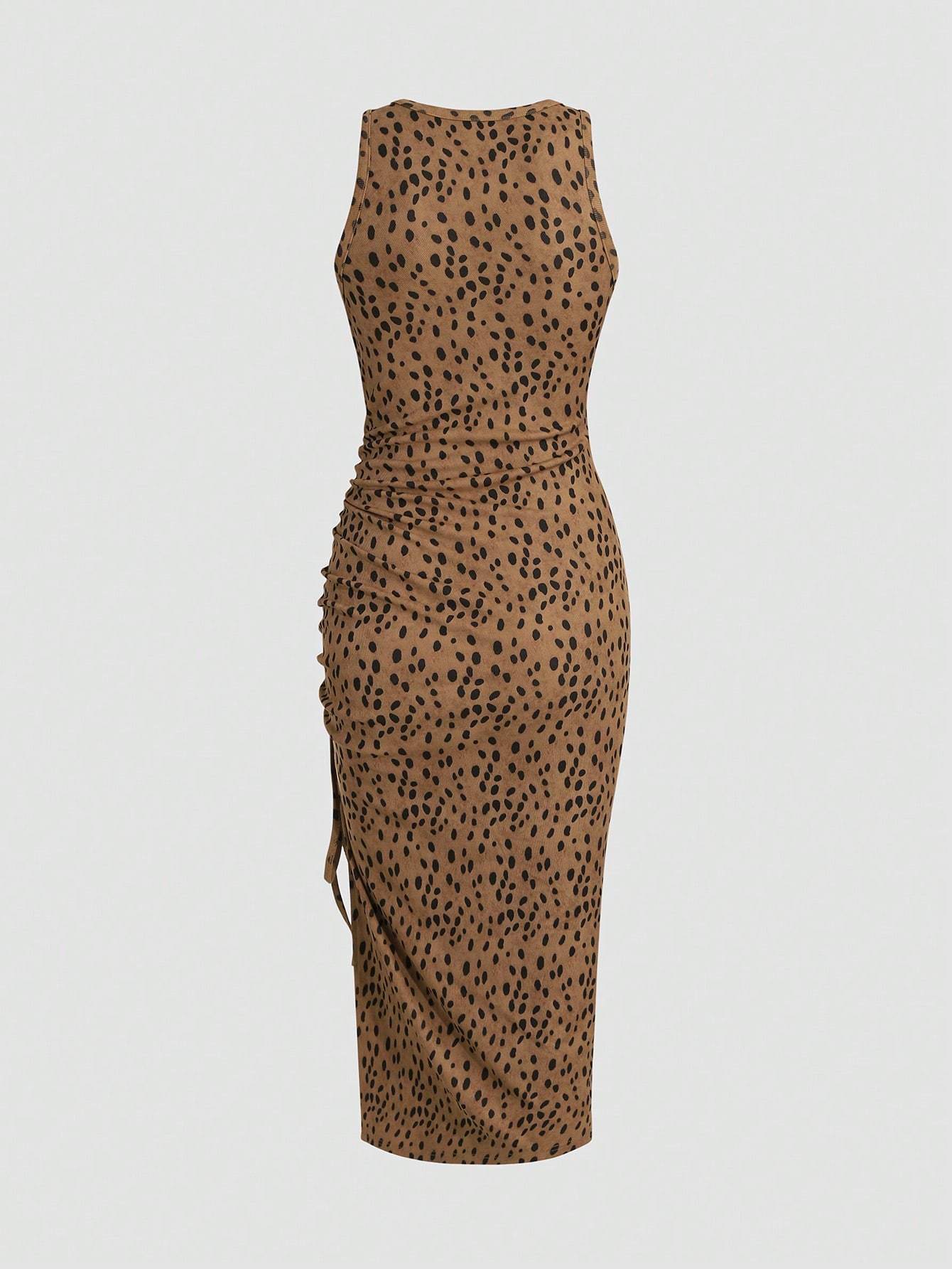 Women's Round Neck Sleeveless Shirred Slit Ribbed Leopard Print Fashion Dress
