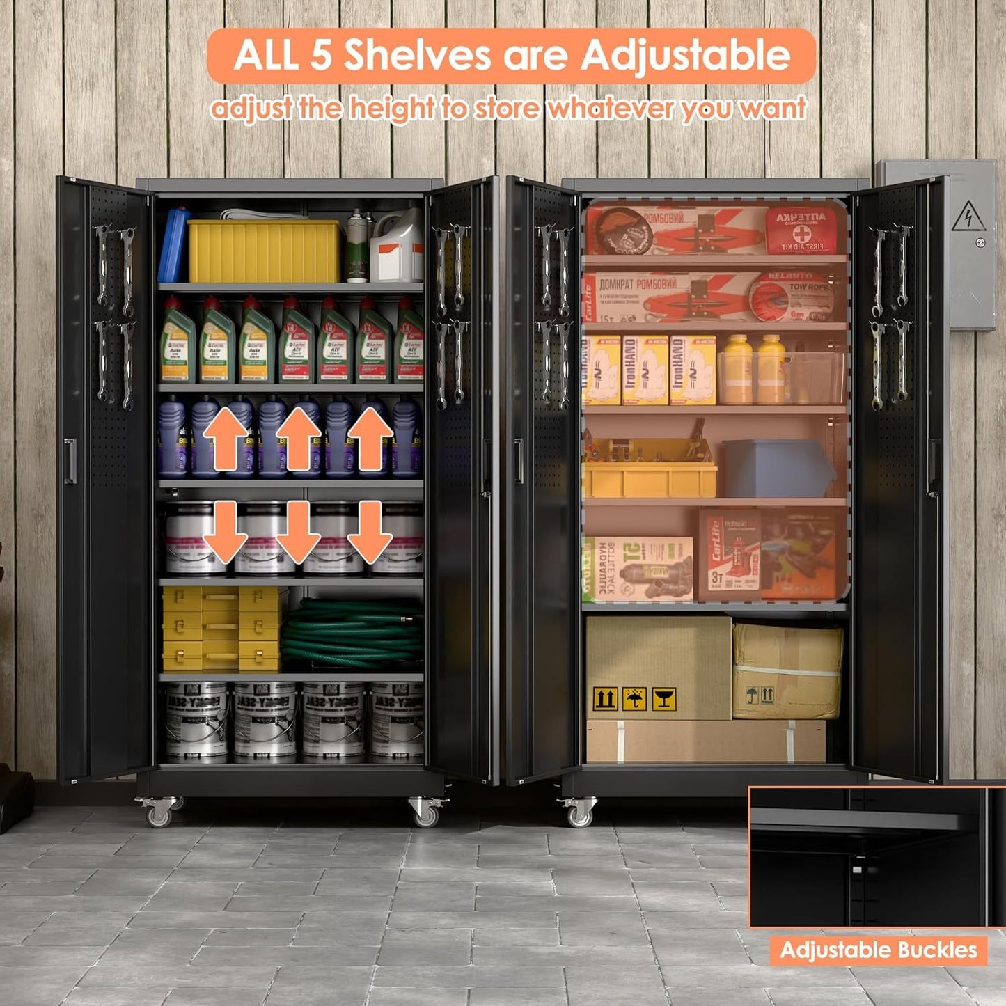 Metal Garage Cabinet With Wheels And Pegboard, Lockable Rolling Steel Cabinet With 5 Adjustable Shelves And Door For Garage, Office, Kitchen, Assembly Required Black