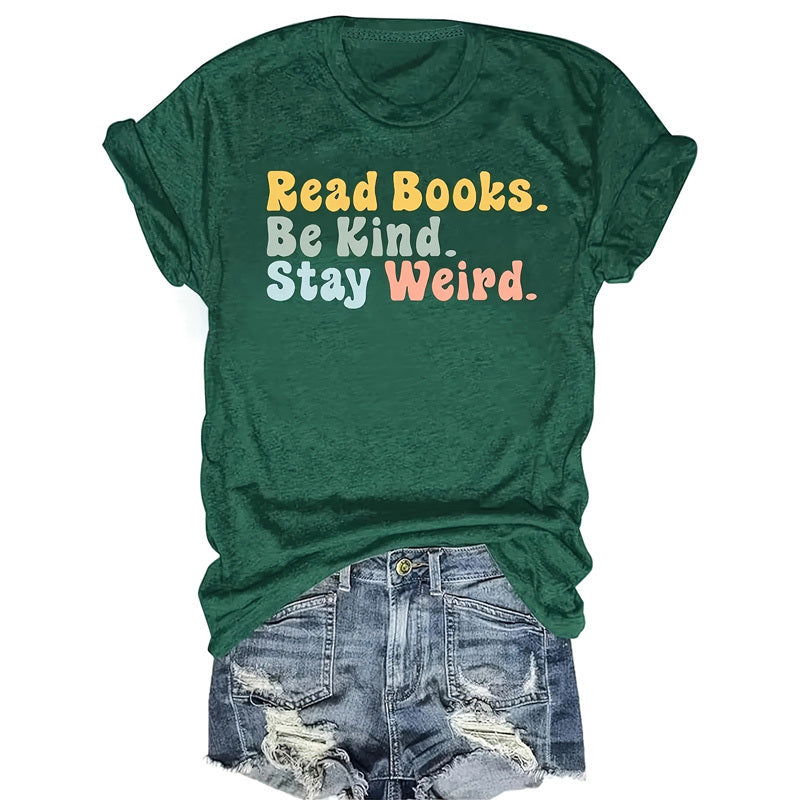 Women's Green Round Neck Short Sleeve T-Shirt - Slogan Print Casual Summer Tee