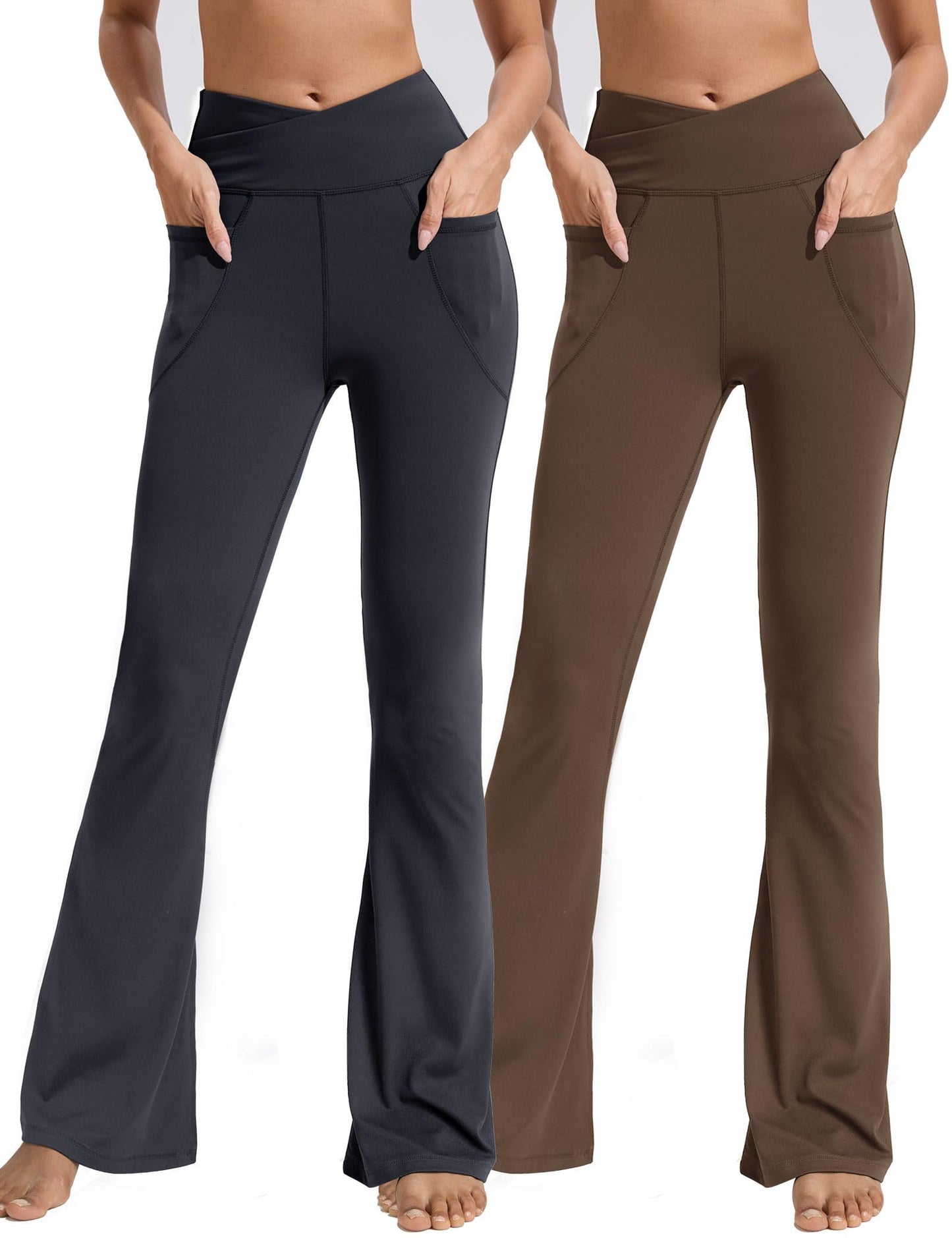 Flared Pants - Cropped Crossover Waist Pockets Polyester Double Mill 2 Black Coffee