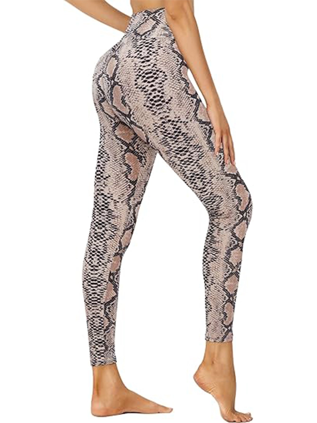 Leggings - Cropped High-waisted Printed Brown Snake Print