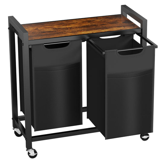 Laundry Hamper With 3 Pull-Out Removable Laundry Bags Clothing Sorter With Shelf And Wheels Adjustable Feet, 3 X 8.6 Gallons