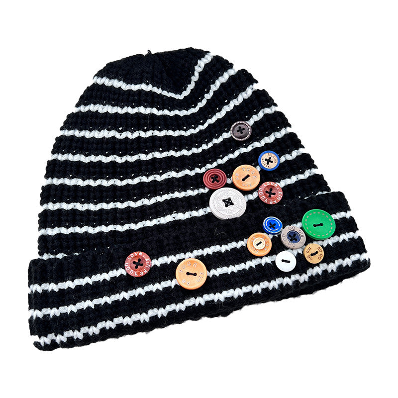 Autumn And Winter Buttons Knitted Hat Warm Ear Protection All-match And Cute Pile Heap Cap
