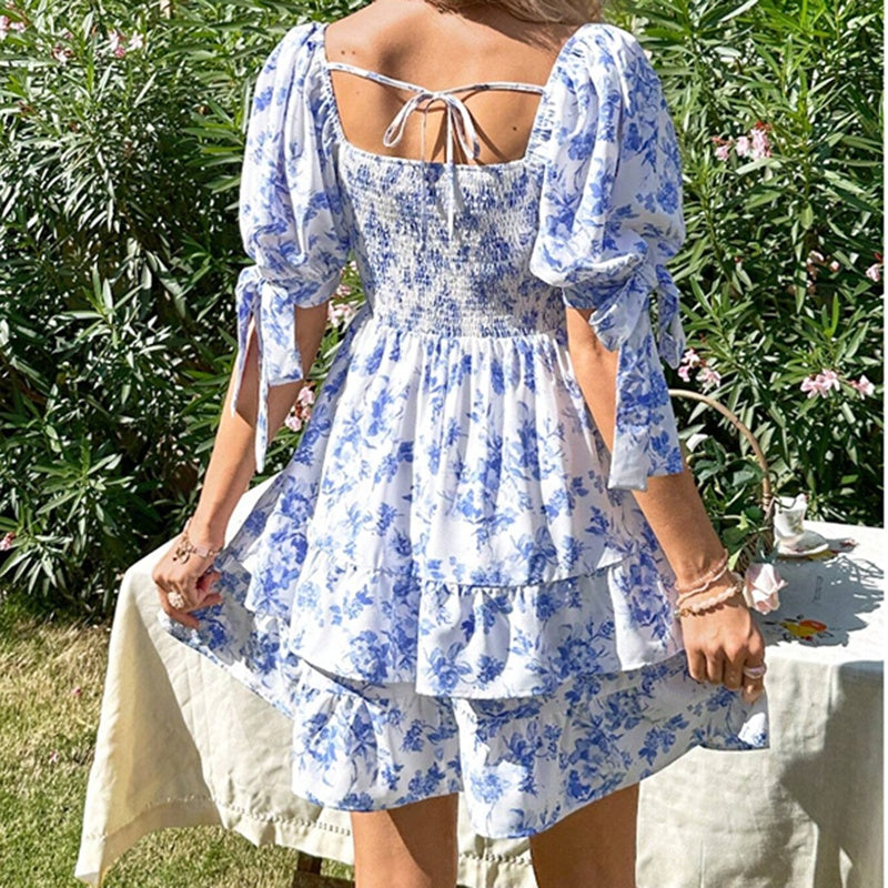 Women's Puff Sleeve Square Neck Smocked Dress Boho Floral Print Off Shoulder Ruffle Mini Short Dress