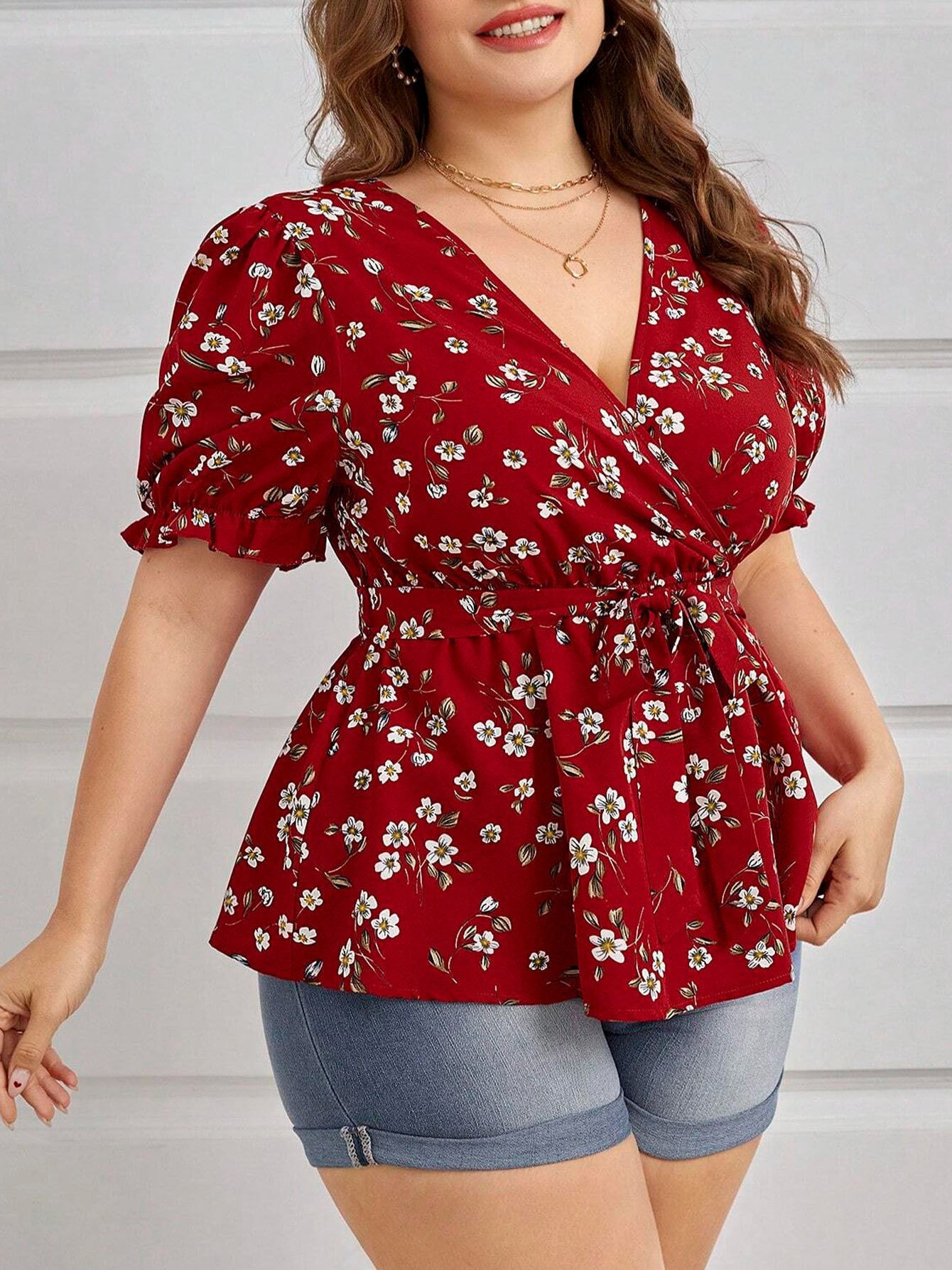 Women's Plus Size Summer Elegant V-Neck Floral Blouse - Office & Vacation Top With Belt