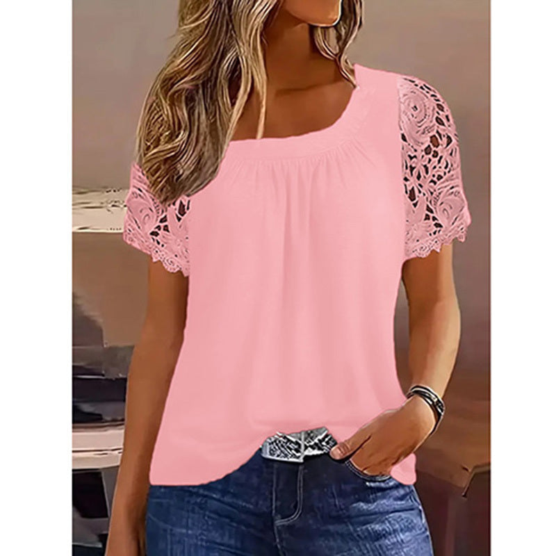 Womens Lace Short Sleeve Crew Neck T Shirts Summer Casual Tops Loose Fit Tees Blouses