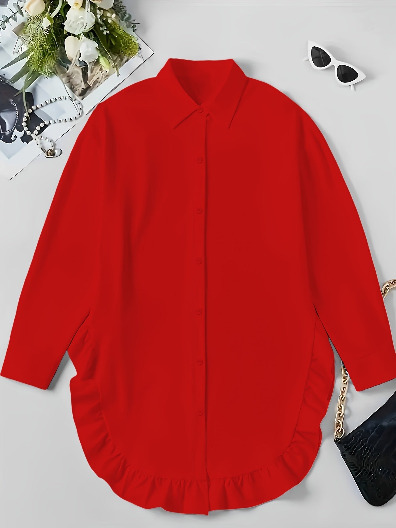 Women's Plus Size Casual Shirt With Ruffle Hem, Solid Color, Woven Polyester, Non-Stretch, Pointed Collar, Button Front, For All Seasons