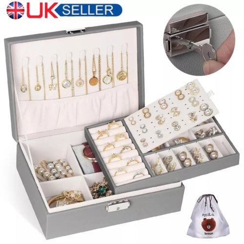 2 Layer Grey Jewellery Box Organizer Rings Necklaces Jewellry Storage Case Box