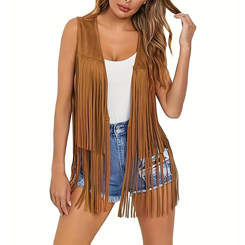Women's Fringe Vest Sleeveless 70s Hippie Faux Suede Trim Western Cowgirl Tassel Jacket Cardigan