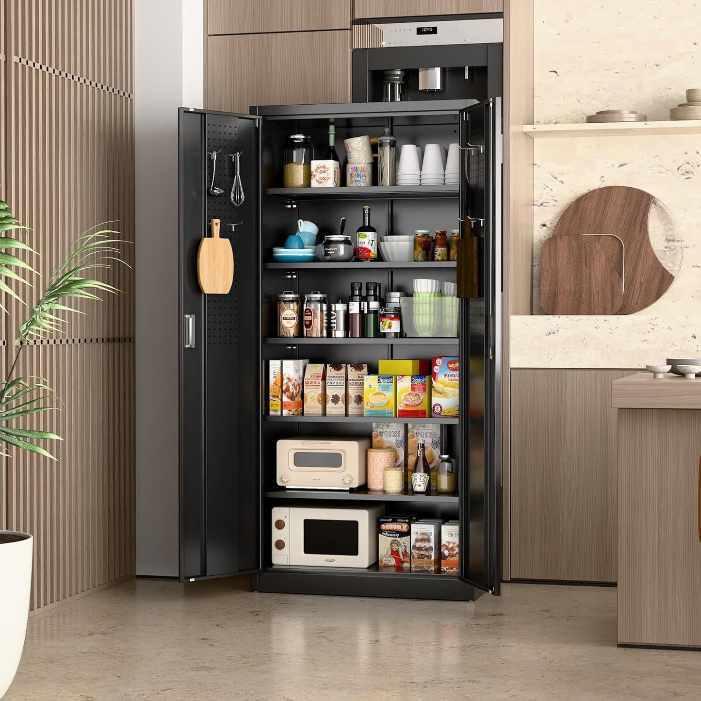 Metal Storage Cabinet With Pegboard ,Lockable Steel Storage Cabinet With 5 Adjustable Shelves And Door For Garage, Office, Kitchen, Assembly Required Black