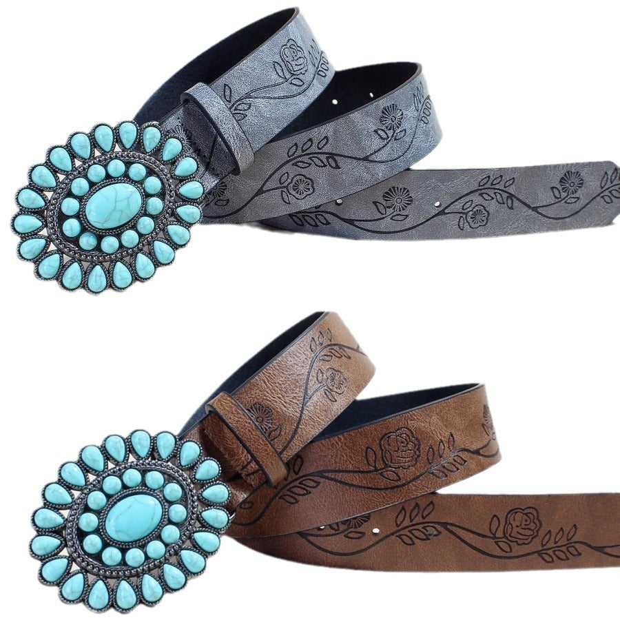 Flow New Rose Pattern Printed Green Pine Beads Alloy Buckle Characteristic Belt Female