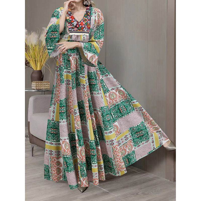 Women's Boho Maxi Dress 3 4 Sleeve V Neck Floral Embroidered Elegant A-Line Dress