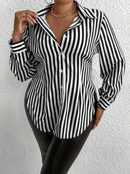 Women's Plus Size Side-Slit Striped Shirt - Spring And Summer Long Sleeve Button-Down Collar Top