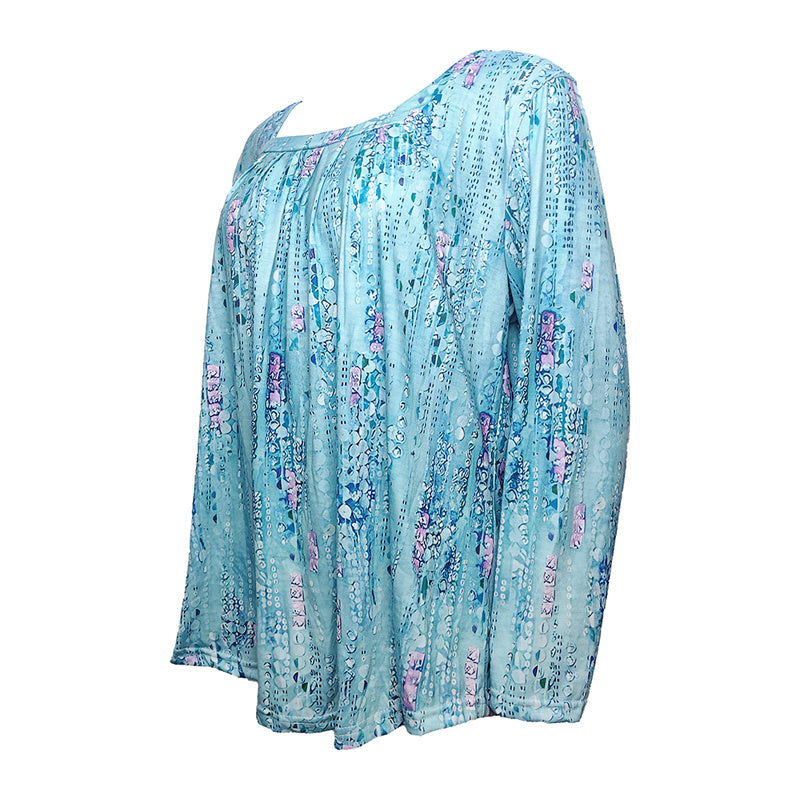 Plus Size Women's Floral Sequin Square Neck Long Sleeve T-Shirt - Printed Casual Spring&Summer Top
