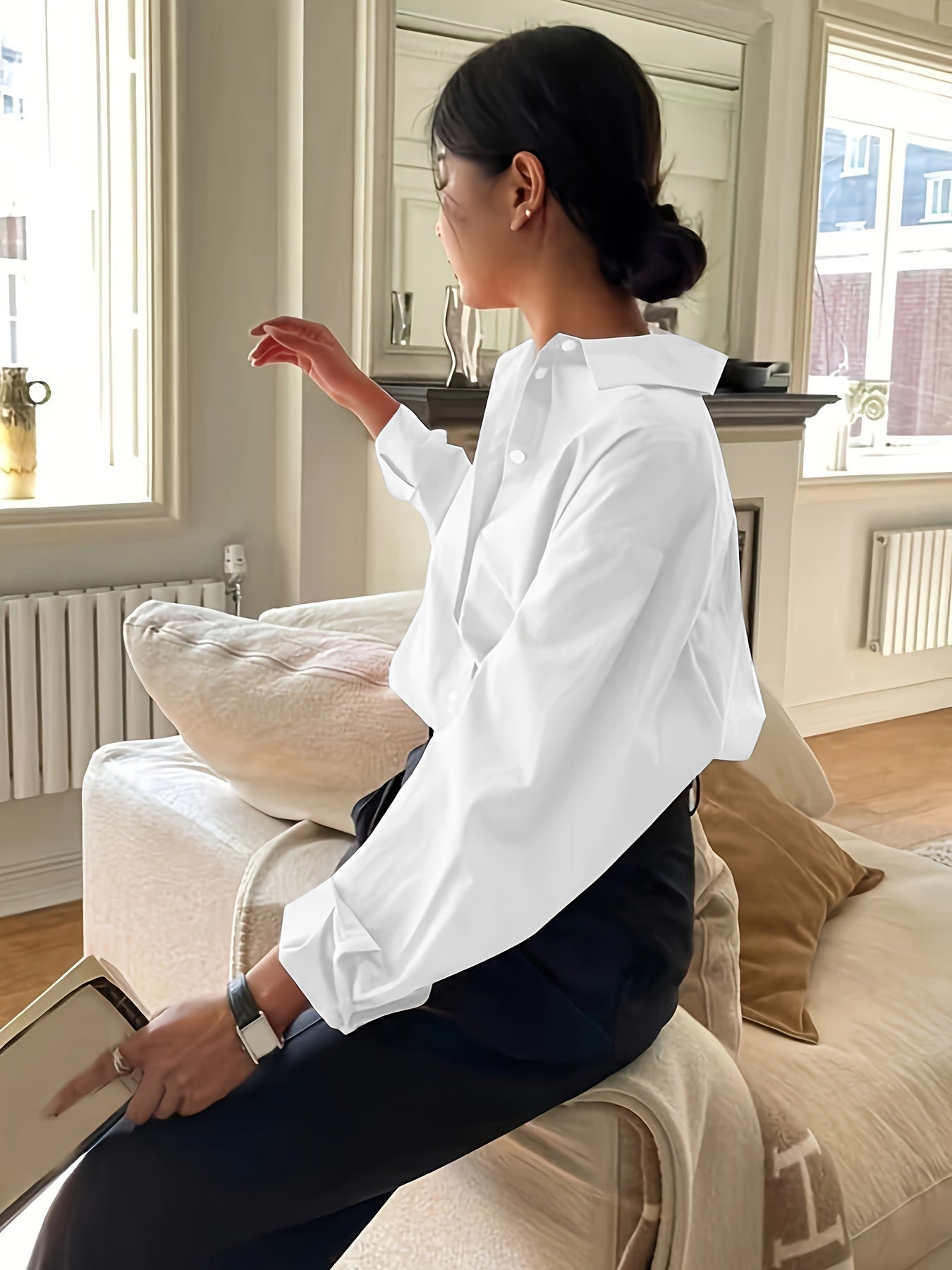 Plus Size Women's Elegant Casual Business Long Sleeve Shirt - Classic Collar Button-Up Blouse, Solid Color Non-See-Through Fabric,