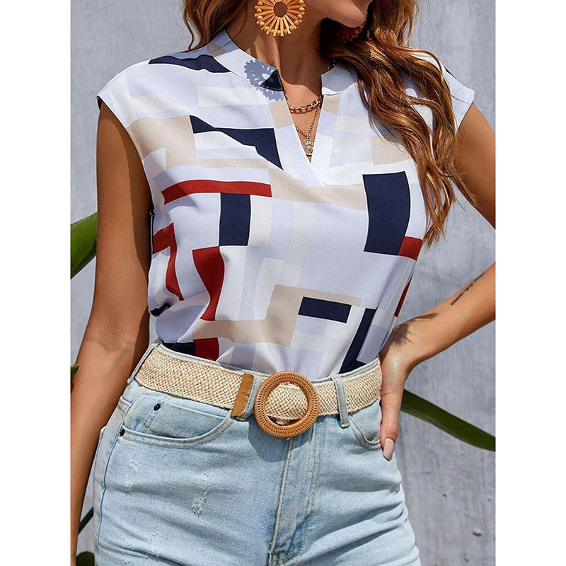 Womens Summer Tops Trendy Geometric Pattern Cap Sleeve V Neck T-Shirts Dressy Casual Short Sleeve Blouses