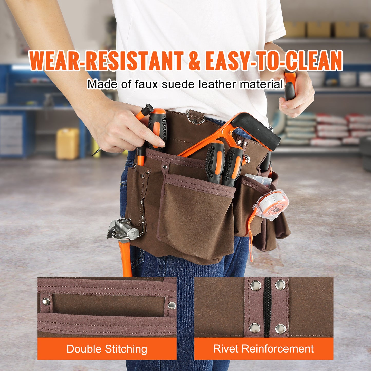 VEVOR 13 Pockets Tool Belt, Adjusts From 29 Inches To 54 Inches, Leather Heavy Duty Tool Pouch Bag With Dual Hammer Loops, Tool Bag For Electrician, Carpenter, Handyman, Construction, Framer, Brown