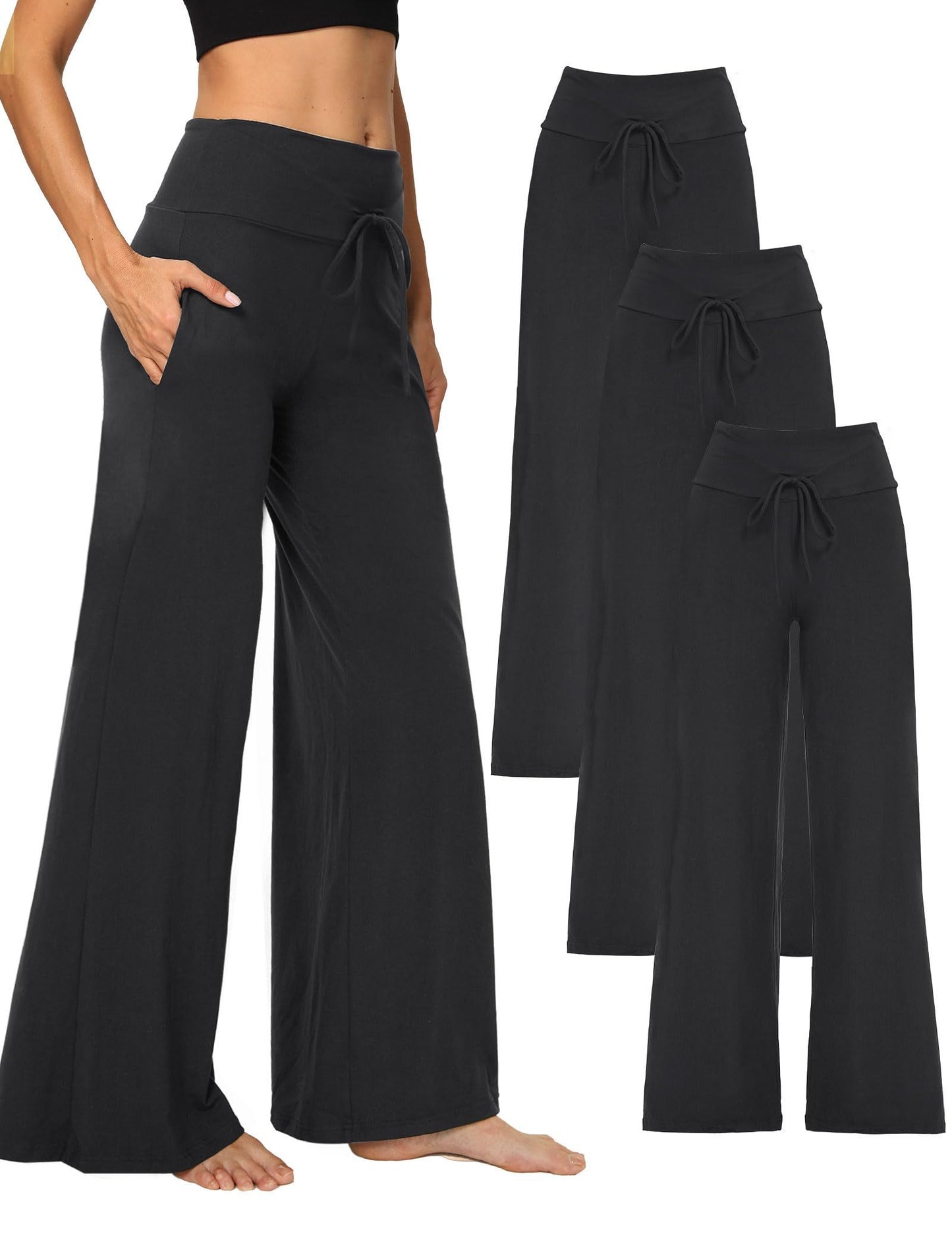 Wide-leg Pants - Cropped Pockets Three Blackx3