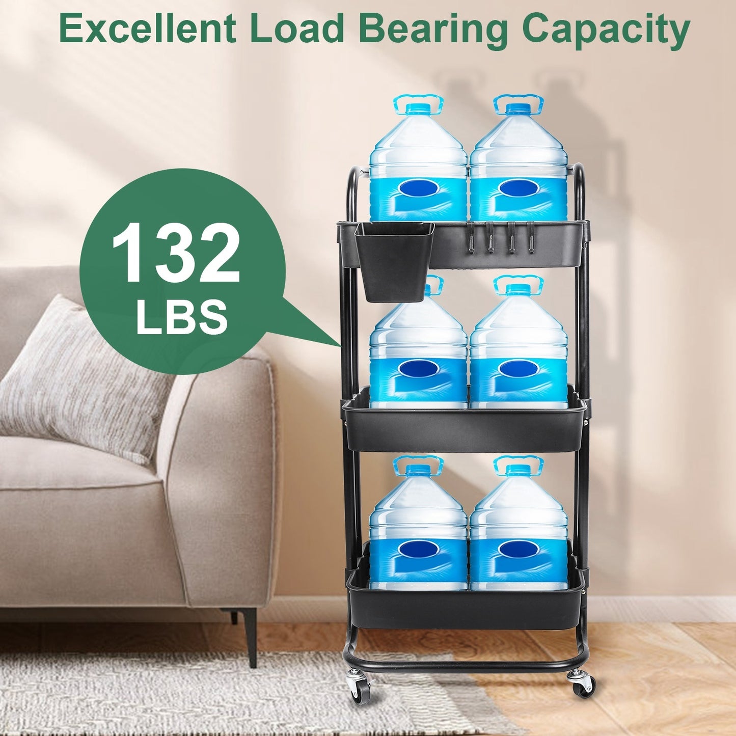 Black-White Color Options 1Pc 3 Tier Rolling Utility Cart Movable Storage Organizer With Mesh Baskets Lockable Wheels 360 Degree Rotatable Hanging Box Hooks Bedroom Bathroom Kitchen
