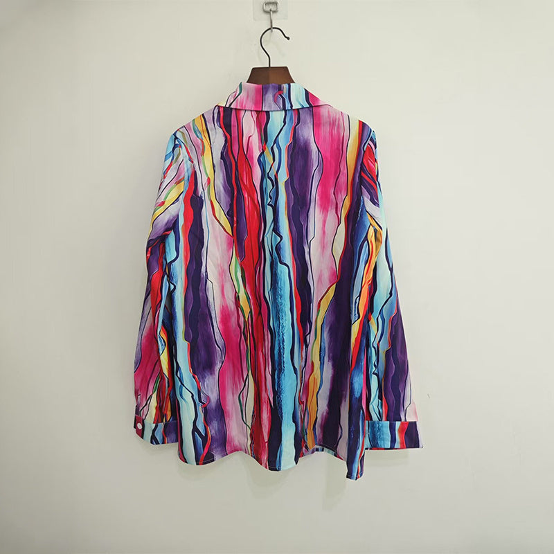 Women's Lapel Collar Printed Long Sleeve Shirt - Vibrant Colorful Pattern Button-Up Blouse Stylish Spring&Summer Vacation Top