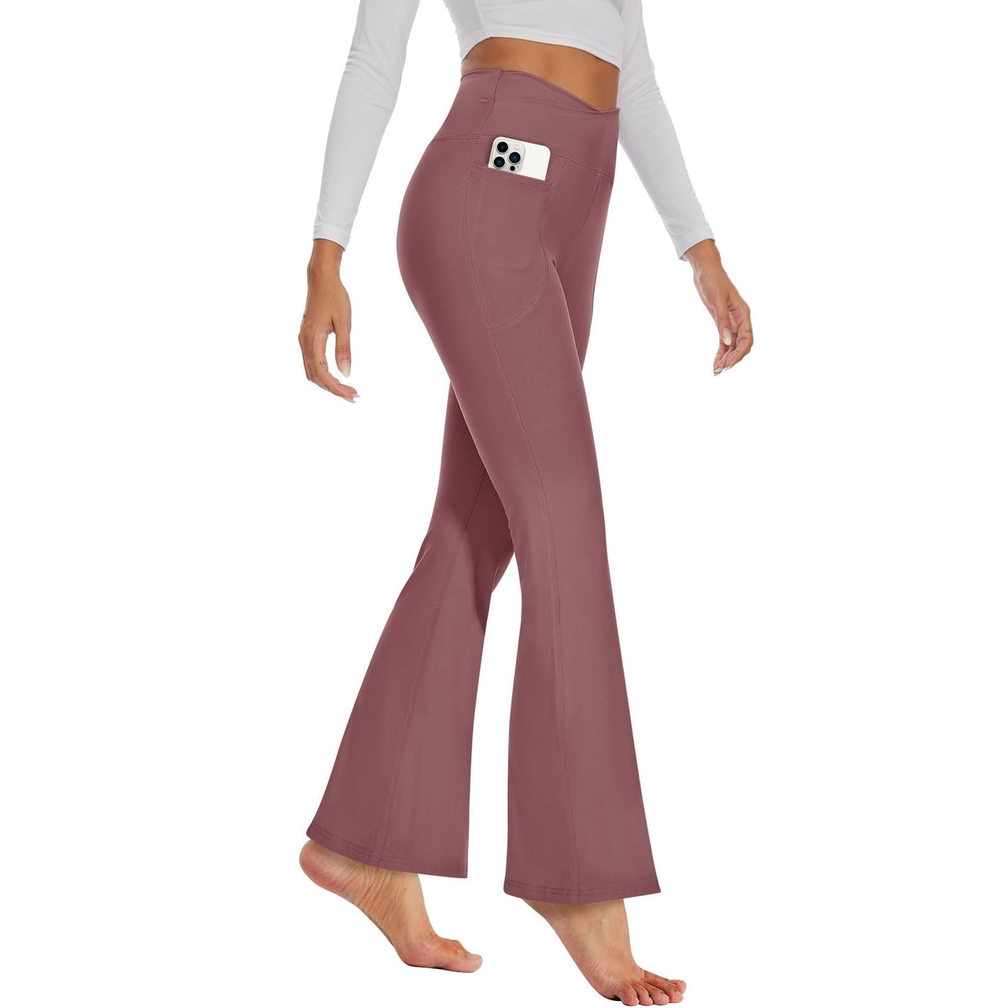 Flared Pants - Cropped Crossover Waist Pockets In Solid Crimson