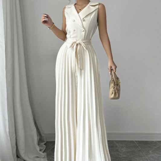 Ladies' V-neck Double Breasted Pleated Wide Leg Belt, Waist Belt, Height Enhancing Vest, Jumpsuit