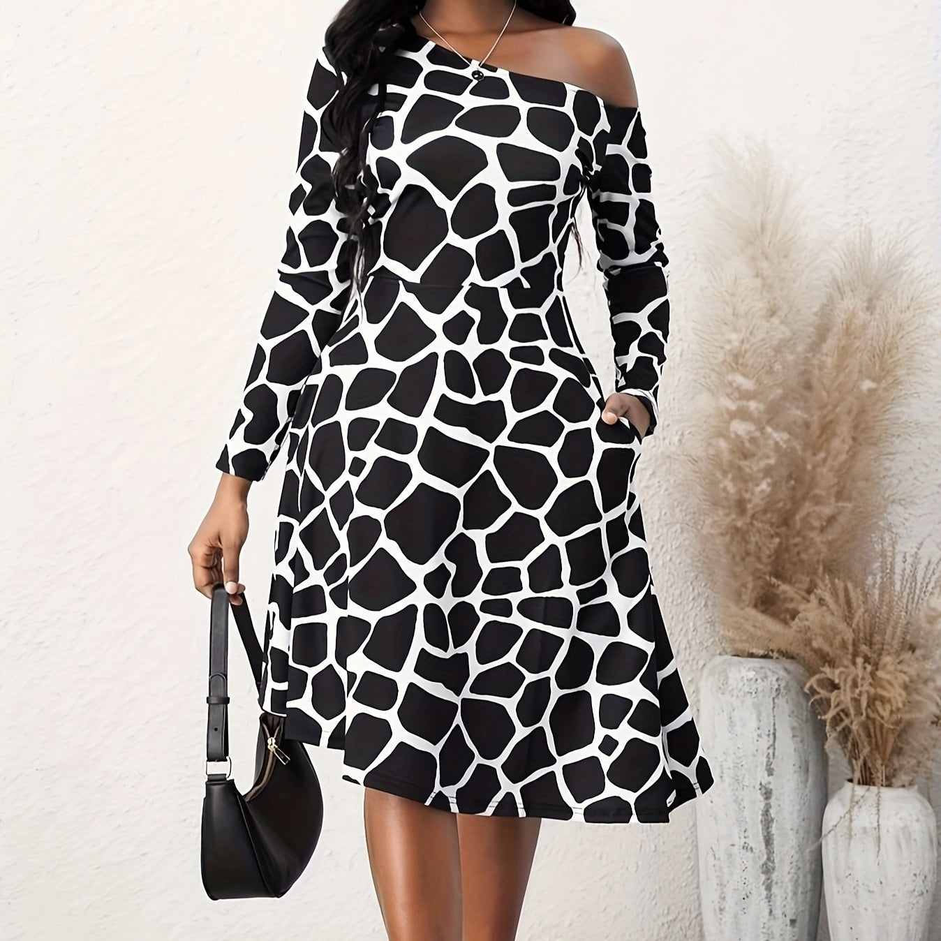 Ladies' Fashionable And Elegant Printed Off Shoulder Zebra Print A-line Dress