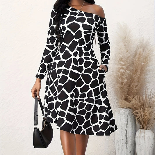 Ladies' Fashionable And Elegant Printed Off Shoulder Zebra Print A-line Dress