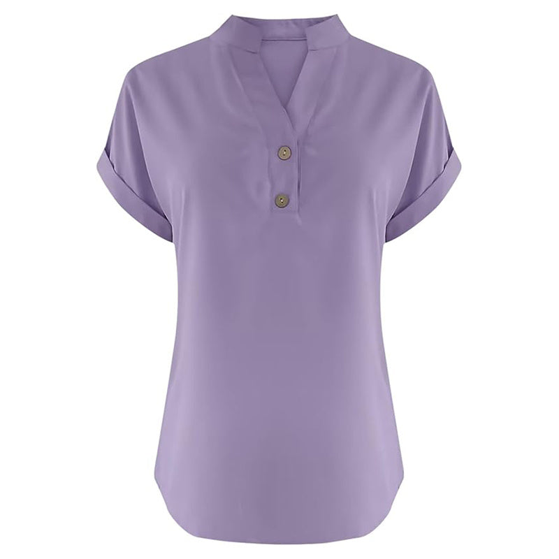 Women's Solid Color V-Neck Short Sleeve Blouse Button Detail, Summer Casual & Work T-Shirt