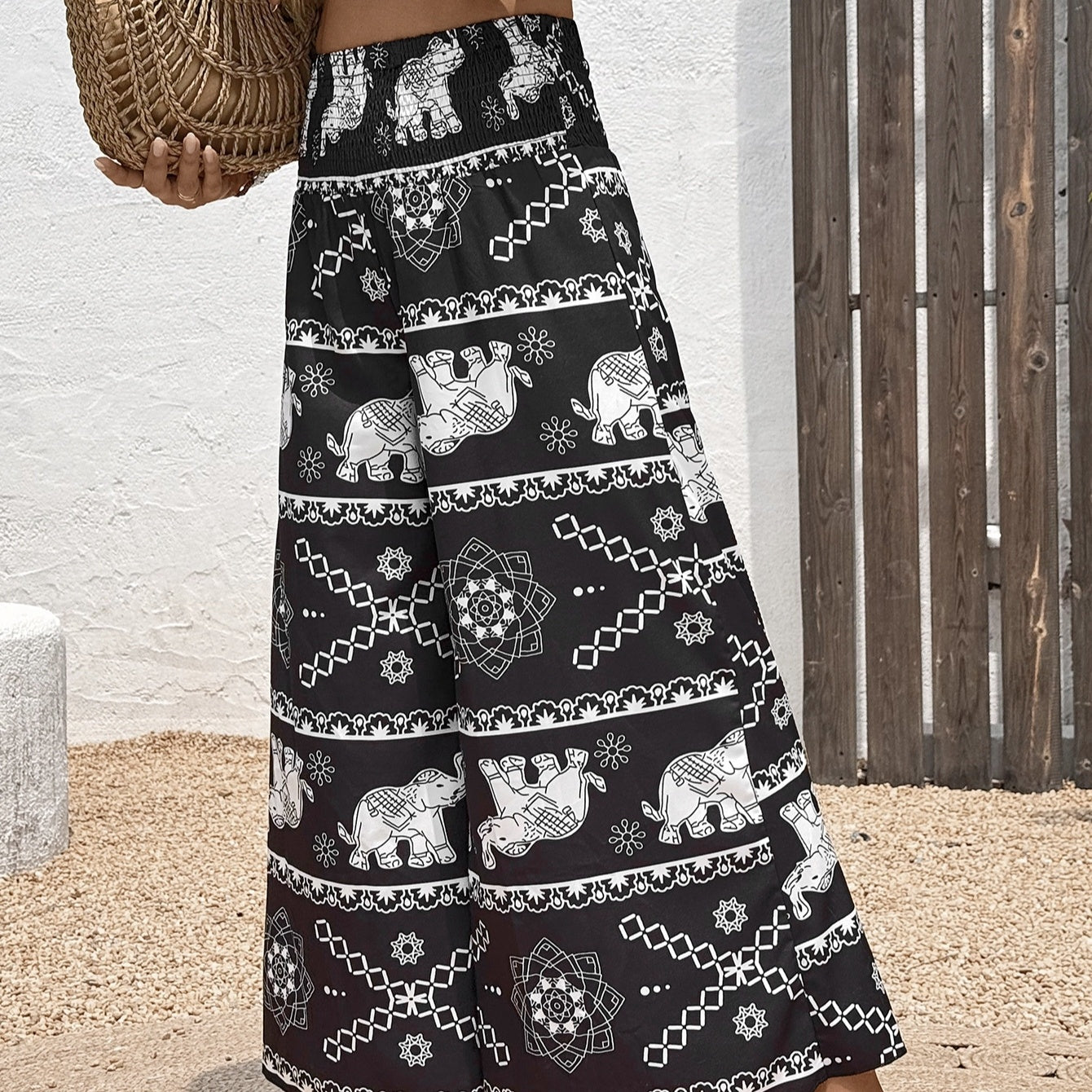 Ladies' Summer Elephant Print Pleated Fashionable And Elegant Wide Leg Pants