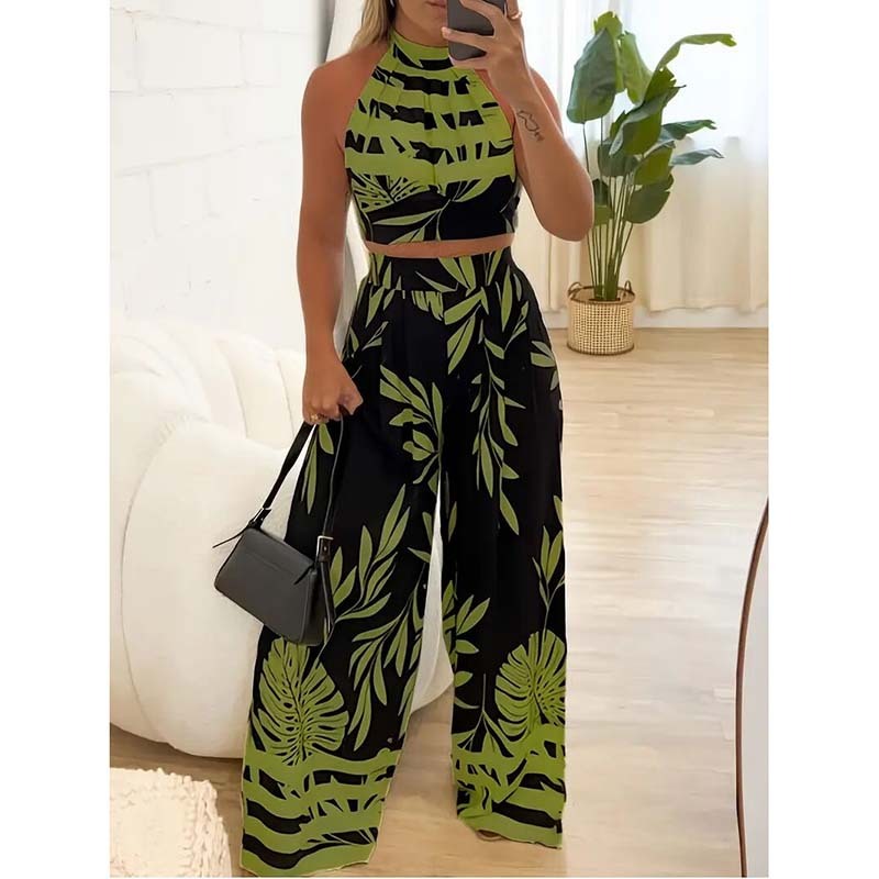 Women's 2 Piece Outfits Plants Graphic Print Crop Halter Top And Wide Leg Pants Set