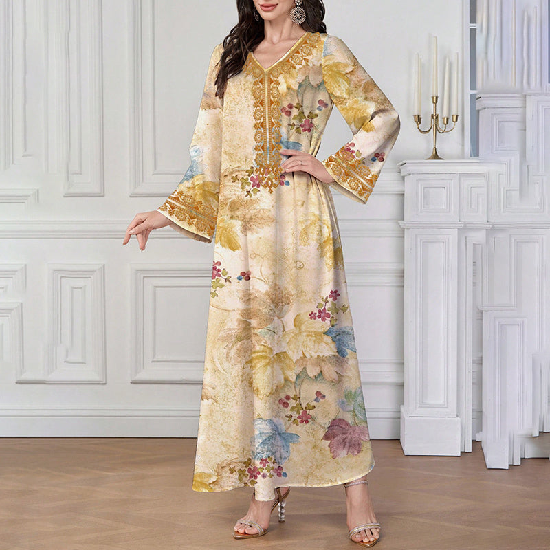 Women's Chic Bohemian Floral V-Neck Maxi Dress, Elegant Golden Long Sleeve Loose Fit Casual Dress