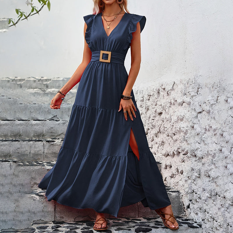 Women's Elegant V-Neck Maxi Dress Short Sleeve Solid Color High Slit Long Dress For Summer Tea Party & Casual Wear