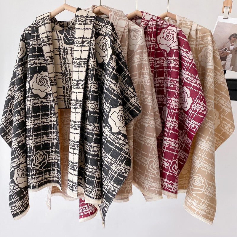 Cashmere-like Double-sided Scarf Camellia Tassel Air-conditioned Room Cloak