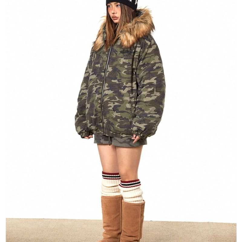 American Retro Heavy Big Fur Collar Hooded Camouflage Cotton Jacket