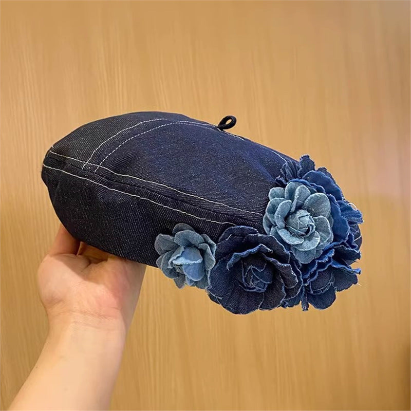 Japanese Minority Contrast Color Three-dimensional Flowers Denim Beret