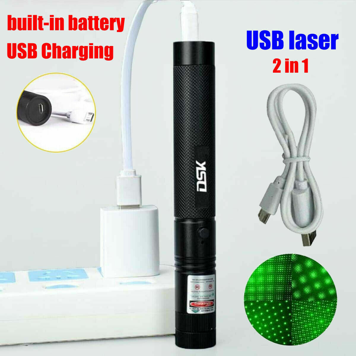 USB Rechargeable Green Laser Pointer Pen Light 990Miles 532NM Astronomy Visible Beam Light 1mw Flashlight