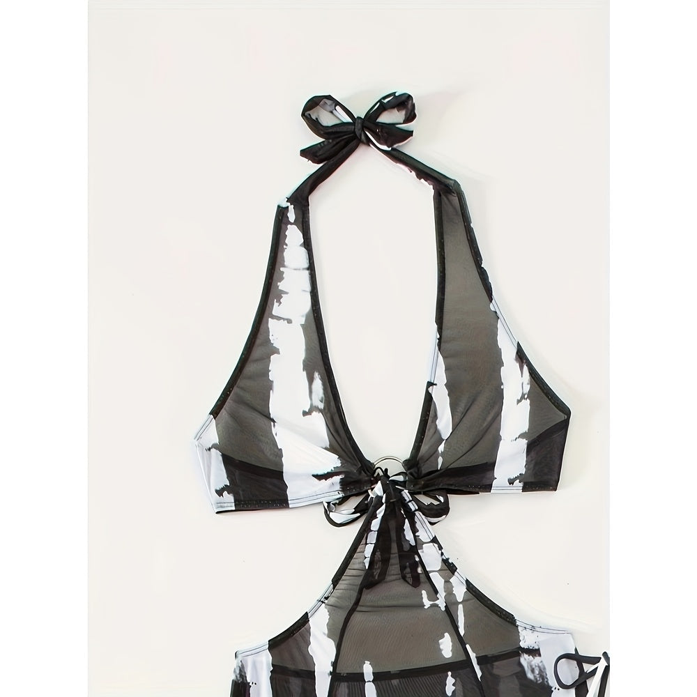 European And American Women's Swimsuit Sunscreen Bikini Three Piece Set Striped Printed Mesh Beach Vacation Sunscreen Swimsuit Women