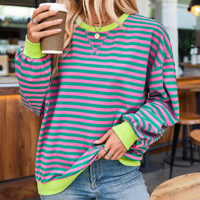 Women's Casual Crewneck Striped Long Sleeve Sweatshirt - Comfortable Loose Fit Ribbed Knit Top For Spring&Fall