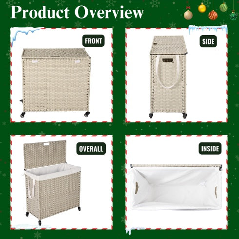 Laundry Hamper With Lid PE Rattan Powder Coating Frame Clothes Hampers With 02 Removable Bags, Wheels, 160L, Gray Color
