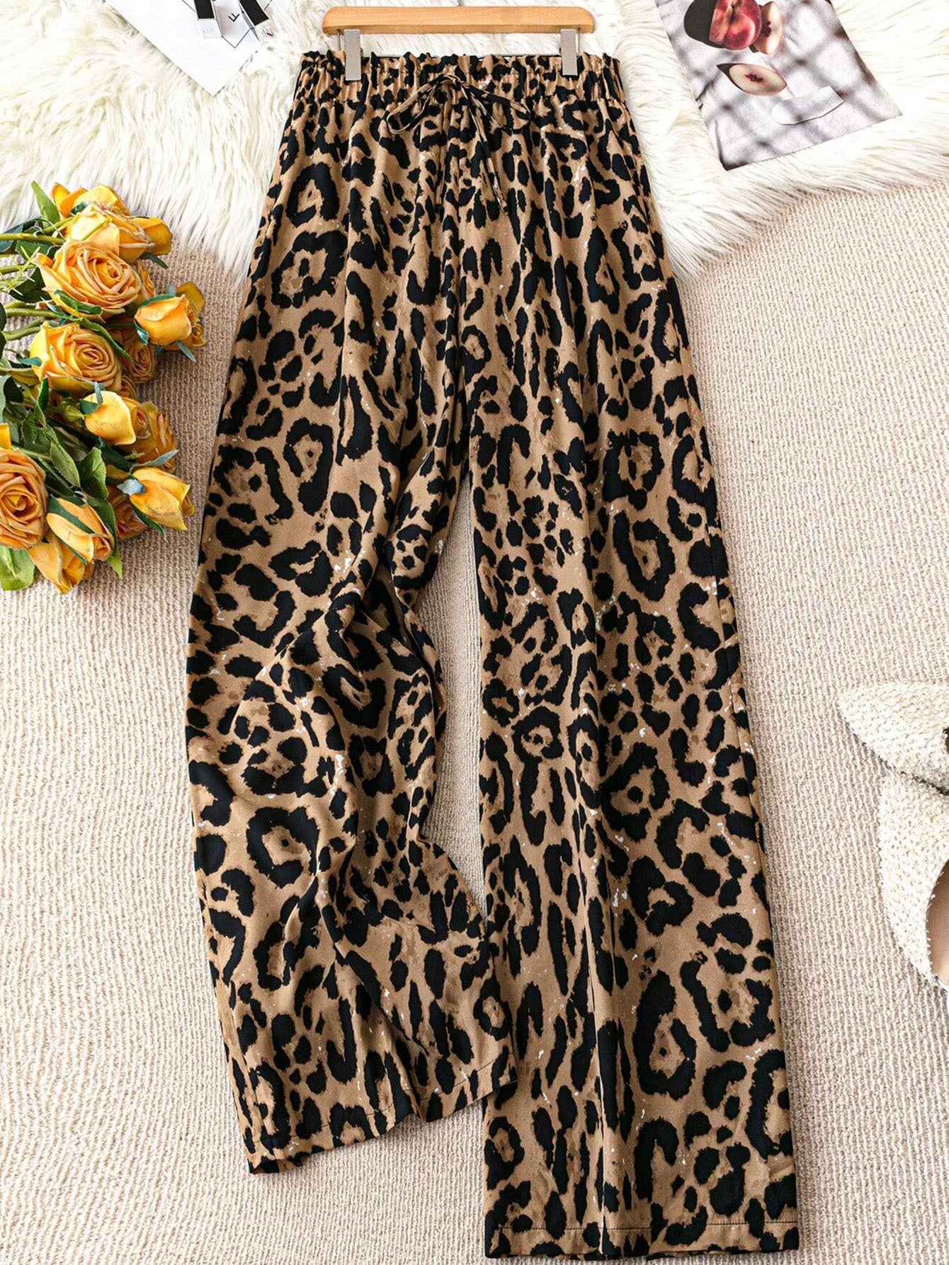 Women's Plus Size Leopard Print Wide-Leg Pants - Summer Casual Vacation Style Elastic Waist Long Trousers